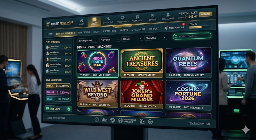 Interface of the best online casinos 2026 featuring high-RTP slot machines