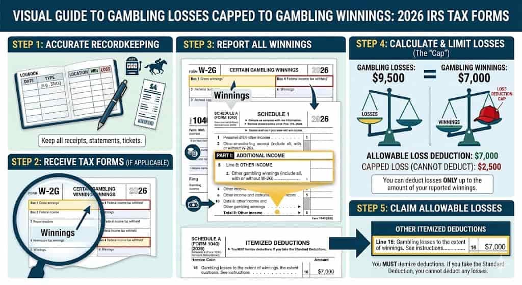 Visual guide to gambling losses capped to gambling winnings with 2026 IRS tax forms