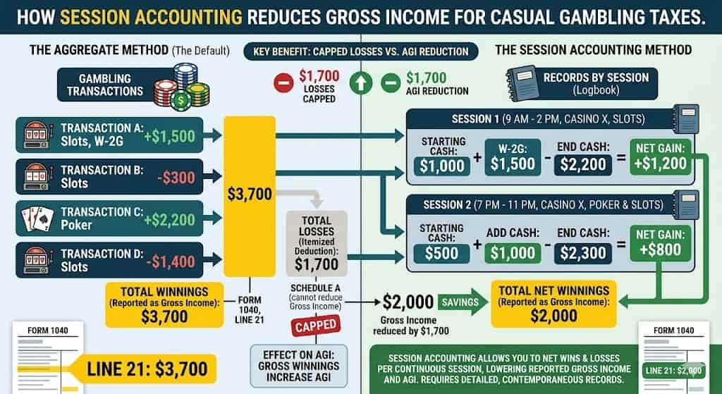 Infographic explaining how session accounting reduces gross income for gambling taxes