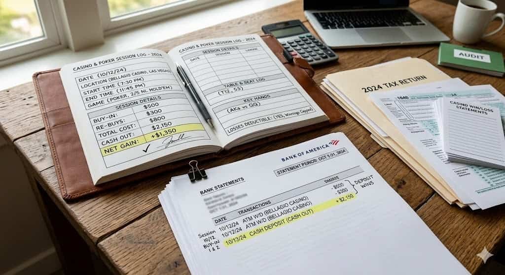A professional gambling logbook and bank statements used as proof for IRS deductions.