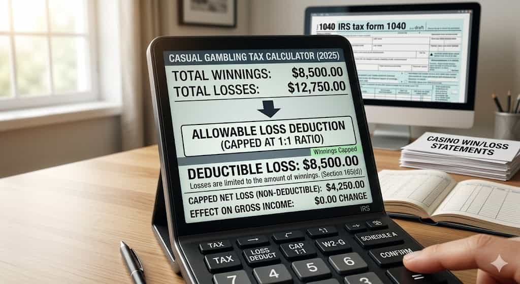 Calculator showing the 1:1 ratio of gambling loss deduction vs winnings