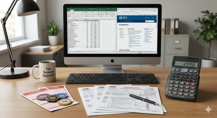 A professional desktop setup with a calculator, IRS Schedule A tax forms, and a stack of casino markers and betting slips