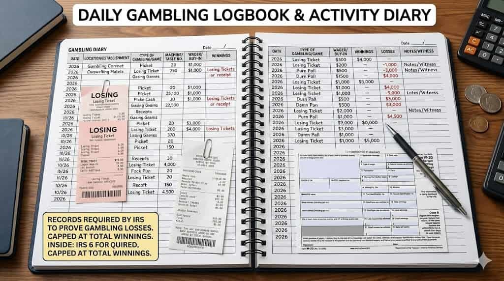 A detailed gambling diary logbook for proving gambling loss deduction to the IRS