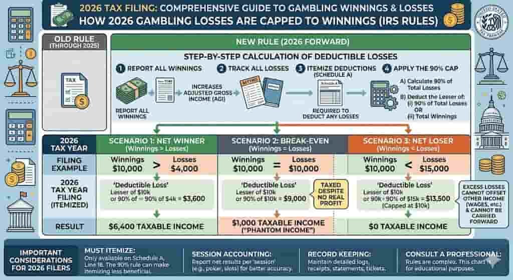 Chart showing how gambling losses capped to gambling winnings work for 2026 tax filing