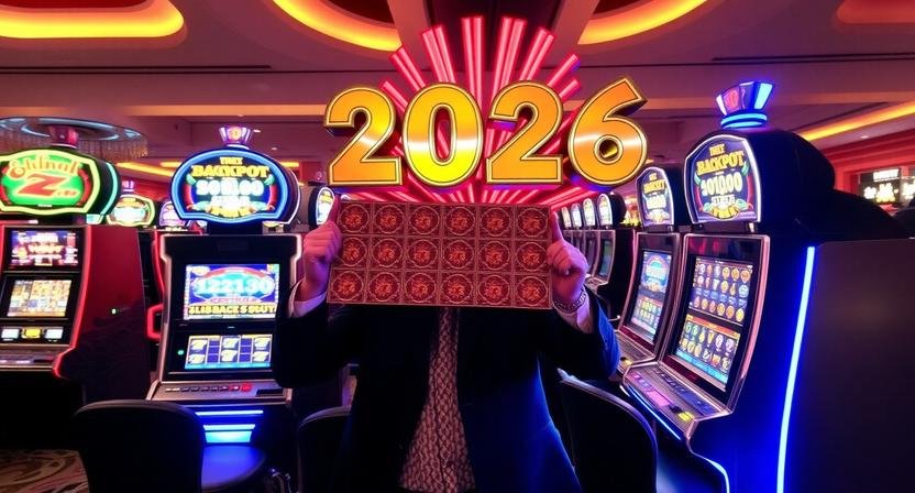 Jackpot Winners 2026 celebrating a massive casino win on a progressive slot machine