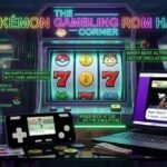 The Pokemon Gambling ROM Hacks neon casino banner with mGBA laptop and Delta emulator smartphone