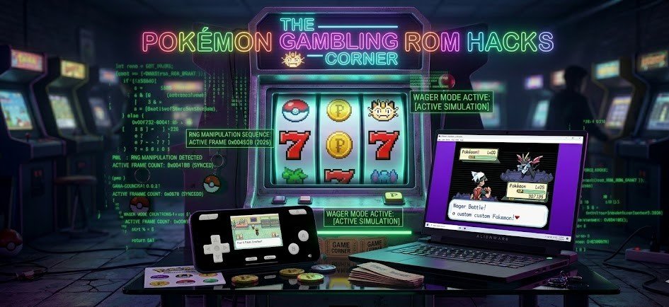 The Pokemon Gambling ROM Hacks neon casino banner with mGBA laptop and Delta emulator smartphone