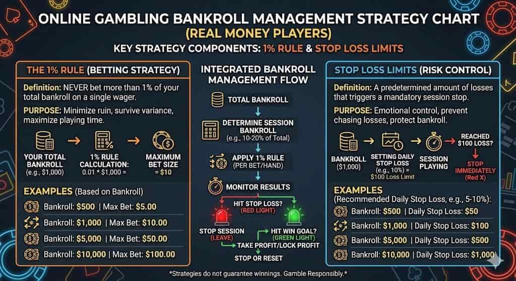 Bankroll management strategy chart for online gambling real money players showing 1% rule and stop loss limits.