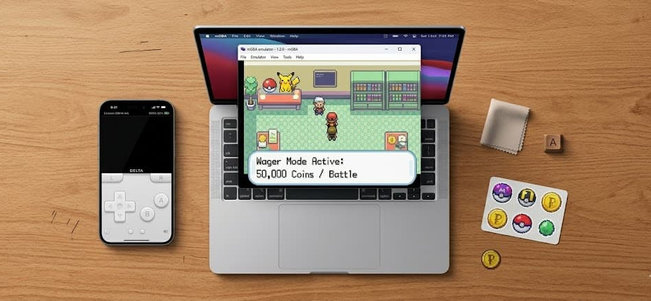 Pokémon Gambling ROM Hacks: Best Picks & How to Play (2025) 4 mGBA emulator on laptop and Delta emulator on iPhone running Pokemon games