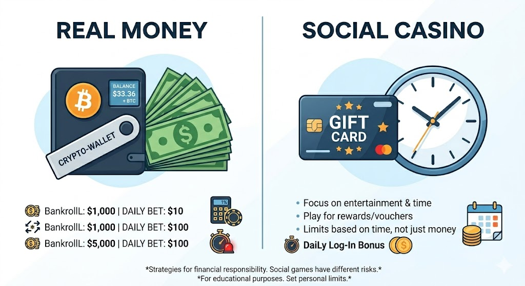 Comparison table of real money gambling sites versus social casinos for US players