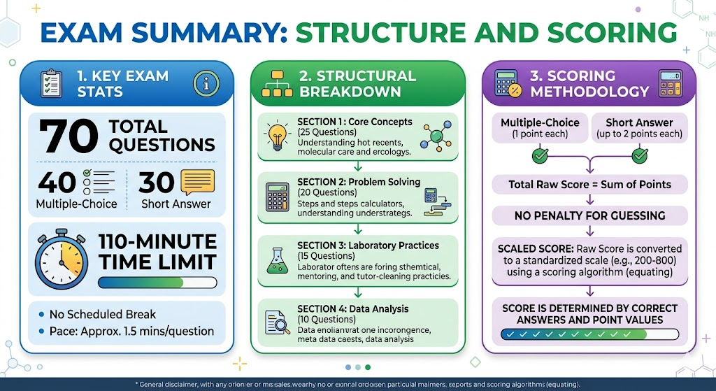10 Proven Strategies to Crush Your ACS General Chemistry Study Guide and Pass with Confidence 2 A clean infographic summarizing the 70 questions, 110-minute limit, and structural scoring breakdown.