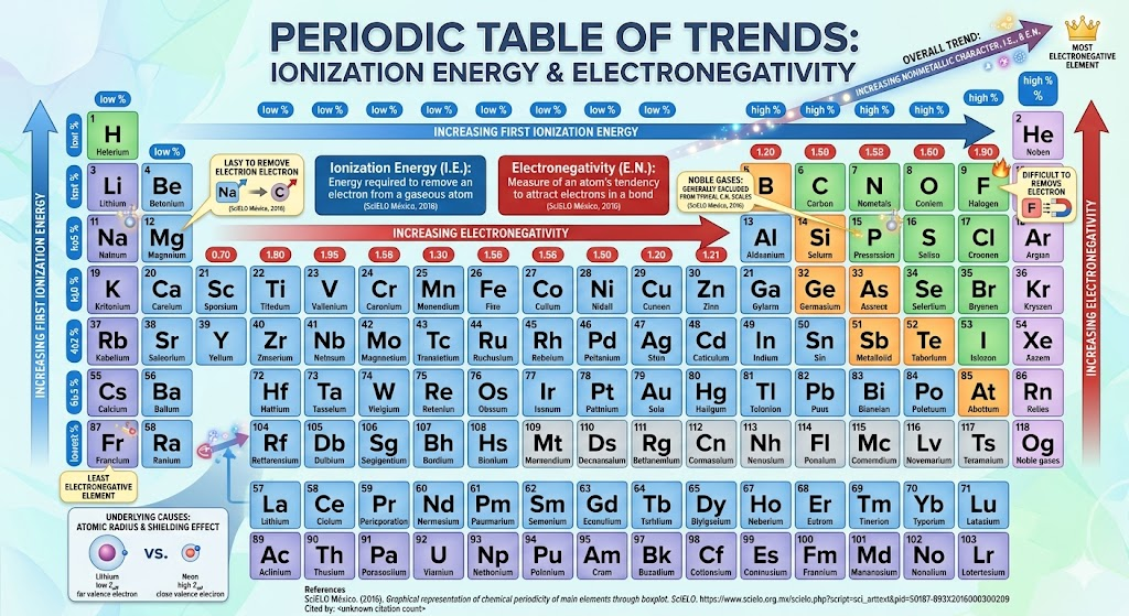 10 Proven Strategies to Crush Your ACS General Chemistry Study Guide and Pass with Confidence 4 An annotated periodic table showing trend lines for ionization energy and electronegativity.