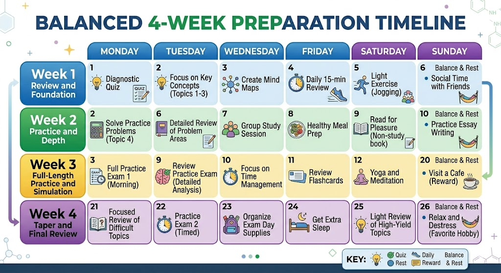 10 Proven Strategies to Crush Your ACS General Chemistry Study Guide and Pass with Confidence 5 A calendar visual map mapping out a balanced 4-week preparation timeline.